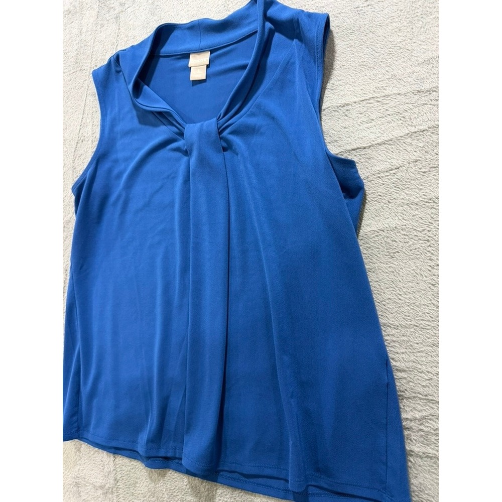 Chicos Sleeveless XL Blouse Womens Size 3 Blue Tie Neck Stretch Minimalist - Picture 4 of 10